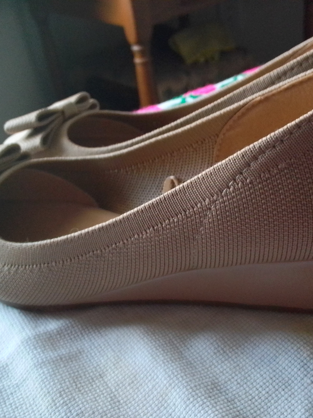 Women’s Neutral Beige Slip-On Ballet Low Heel Wedges with Bow